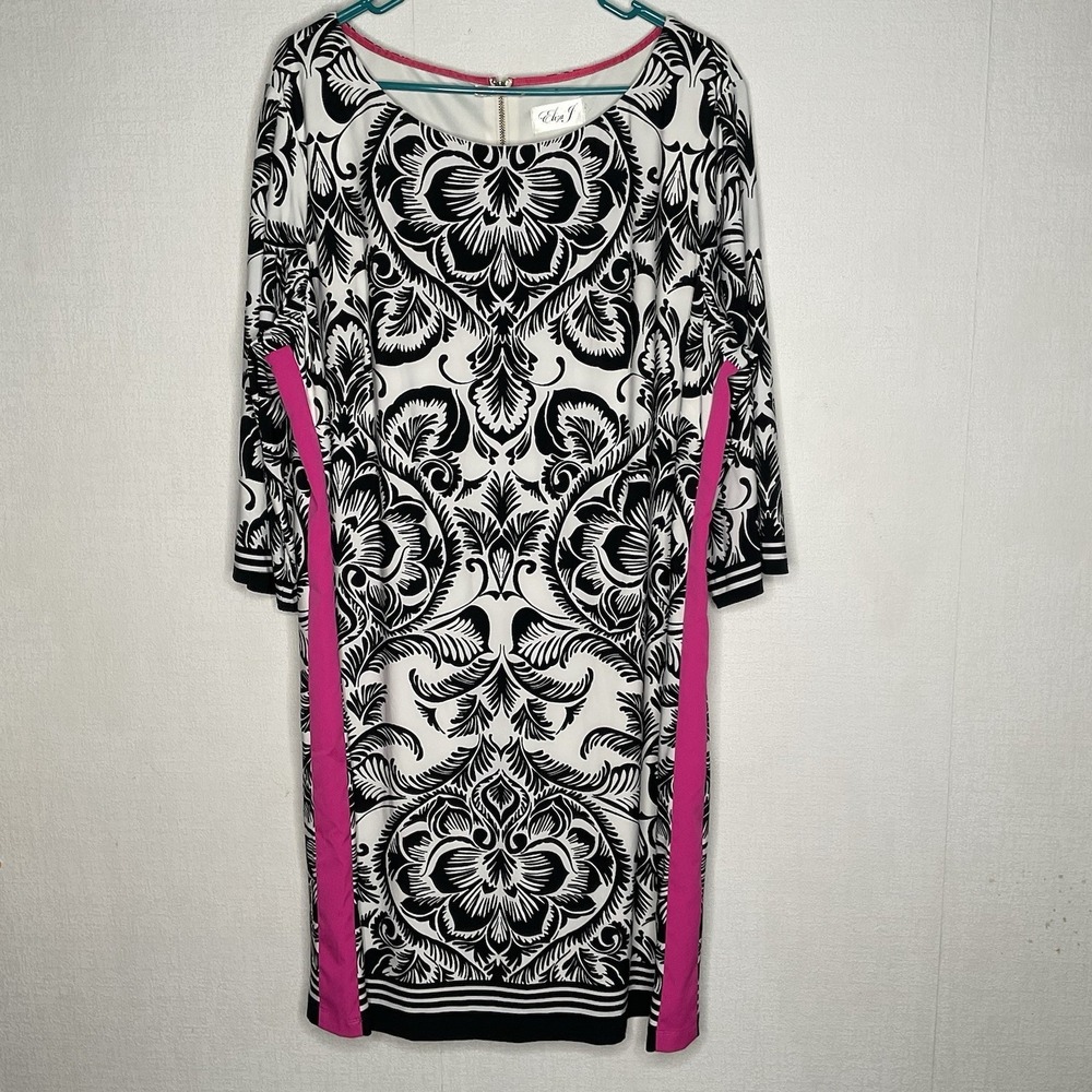 Eliza J Black White Pink Print Shift Dress Size 14 Exposed Gold Zip Knee Length